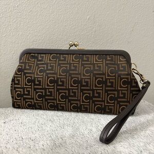 Liz Claiborne Brown/Tan All Over LC Logo Canvas Clutch Wristlet